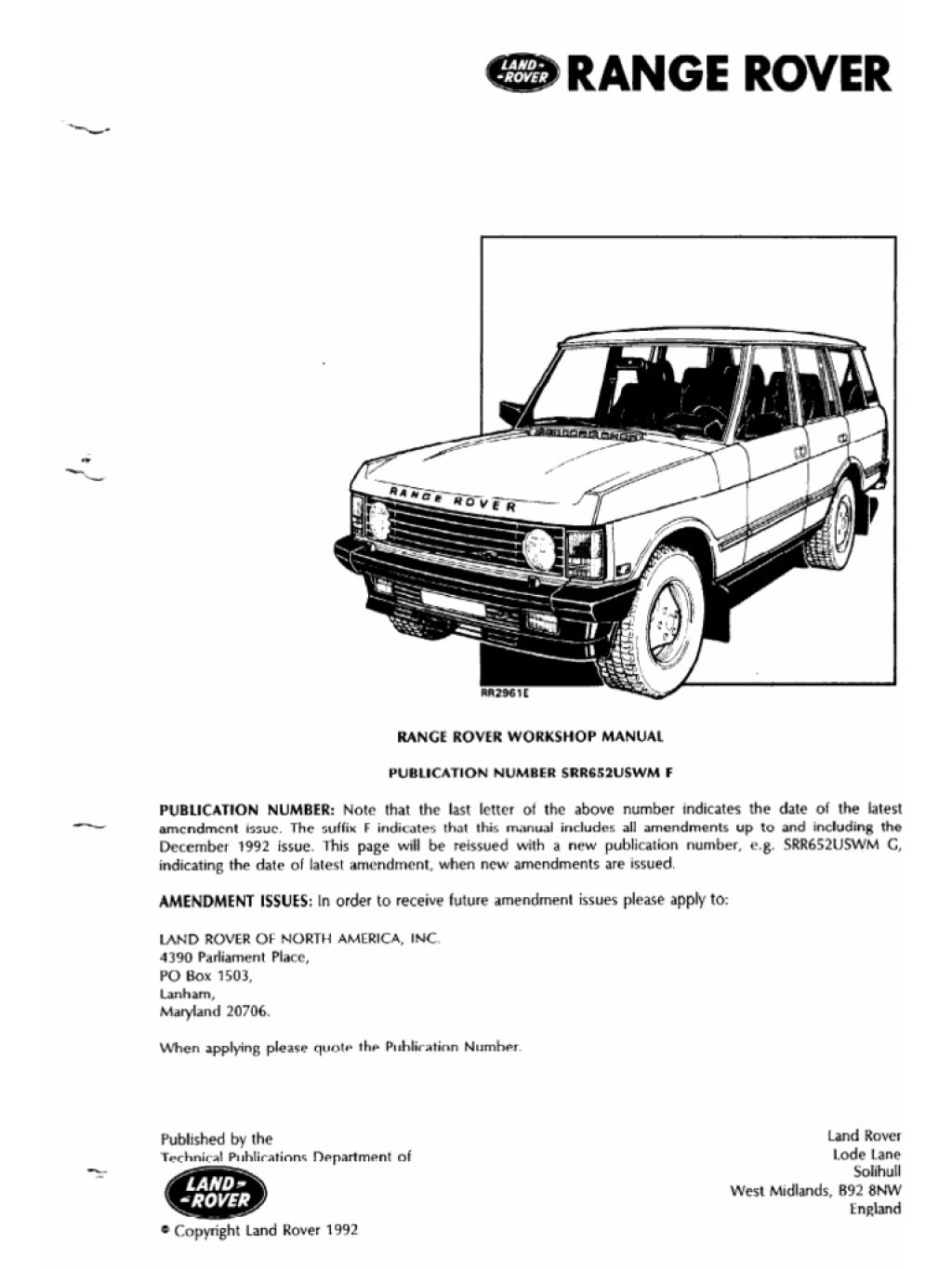 Picture of: Range Rover Classic – Workshop Manual (SRRUSWM F)  PDF